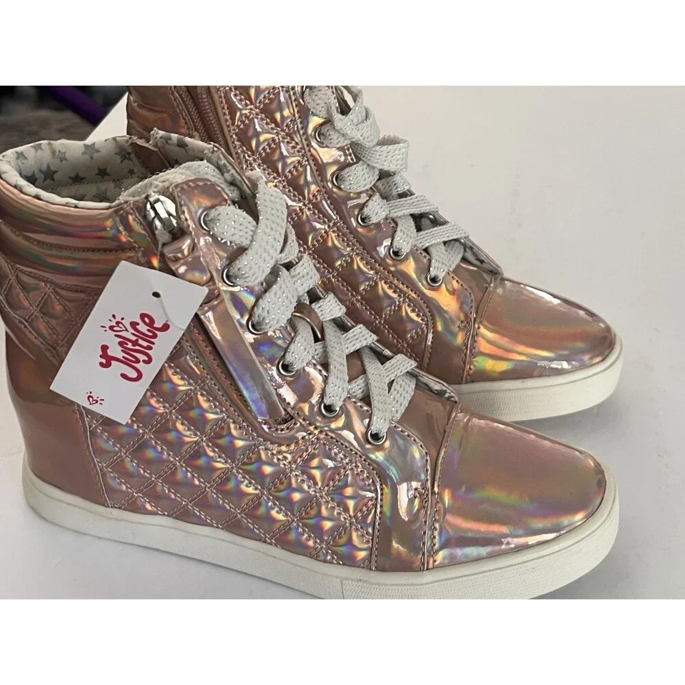 New Justice Rose Gold Holographic Quilted Wedge High Top Sneakers Girls Size 8